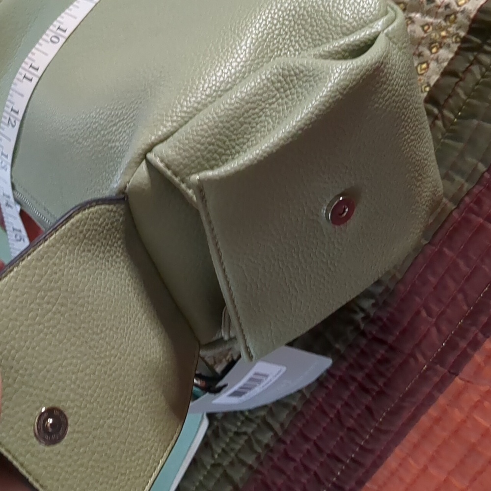 PINK STIX* sage green vegan crossbody adj. strap, dust bag zip top, 2 inside pkt - Picture 7 of 13
